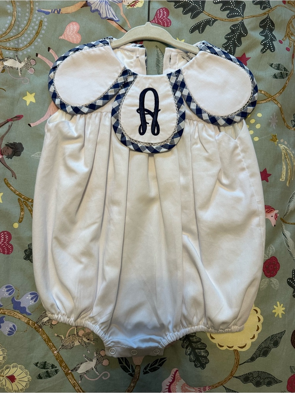 White 18M Bubble Romper with Navy Gingham Trim and Navy ‘A’ Monogram